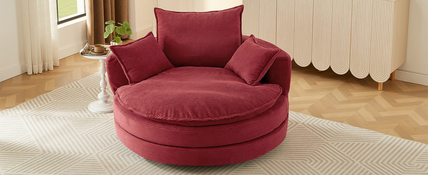 Corduroy Swivel Barrel Chair — 360° with Removable Pillows