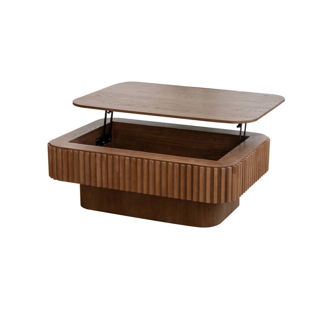 38.6'' Fluted Lift-top Coffee Table Solid Wood Veneered Modern Coffee Table Accent Tea Table with Storage and Adjustable Height for Living Room, Bedroom, Apartment or Office, Grey