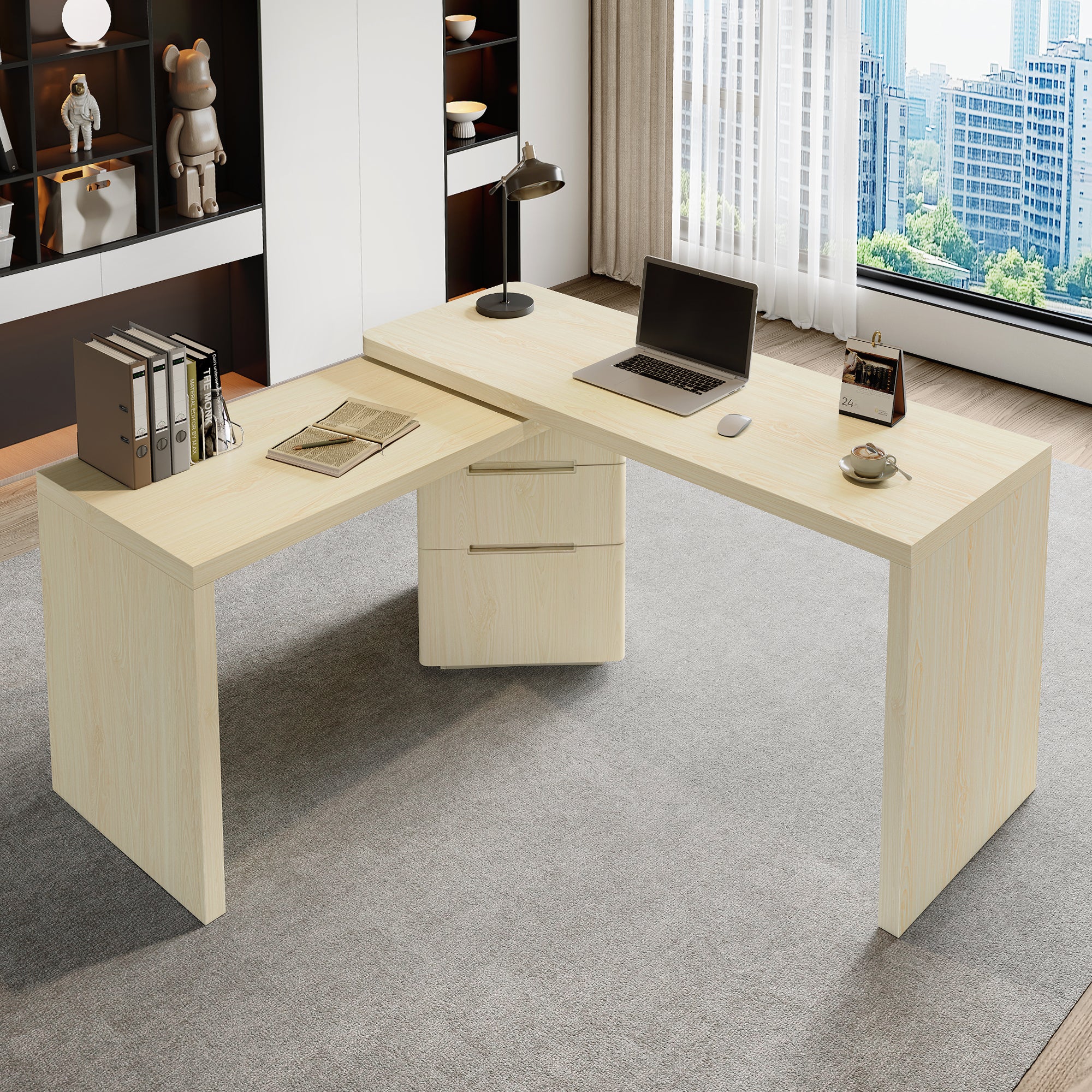 Natural wood L-shaped rotating executive desk — front view
