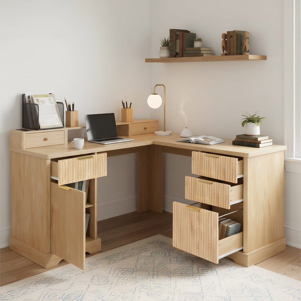 Fluted L-Shaped Desk with Charging Station, Monitor Stand & File Drawer — 59-Inch