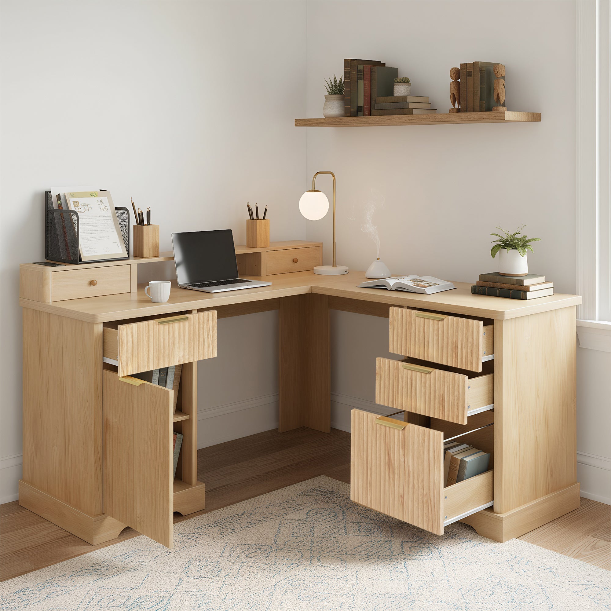 Fluted L-Shaped Desk with Charging Station, Monitor Stand & File Drawer — 59-Inch