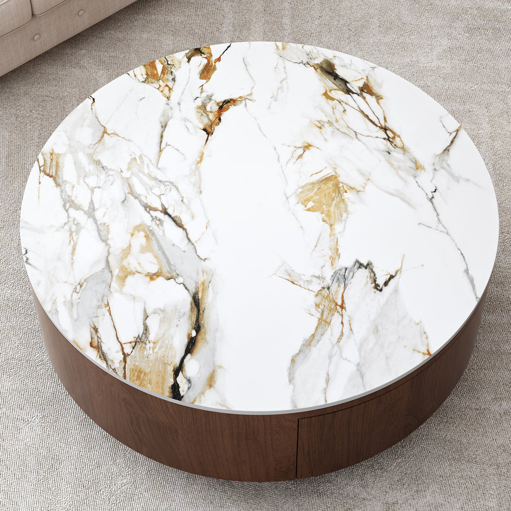Round coffee table walnut base sintered stone top — angle view