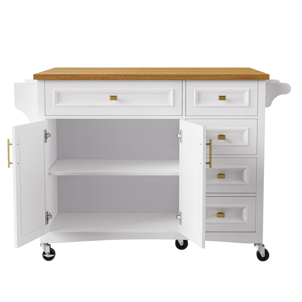 K&K 52'' Kitchen Island with Drop Leaf, Embossed Texture Kitchen Island on Wheels with Spice Rack, Towel Rack, 2 Doors and 5 Drawers, Kitchen Storage Cart with Adjustable Shelf for Kitchen, Blue Grey