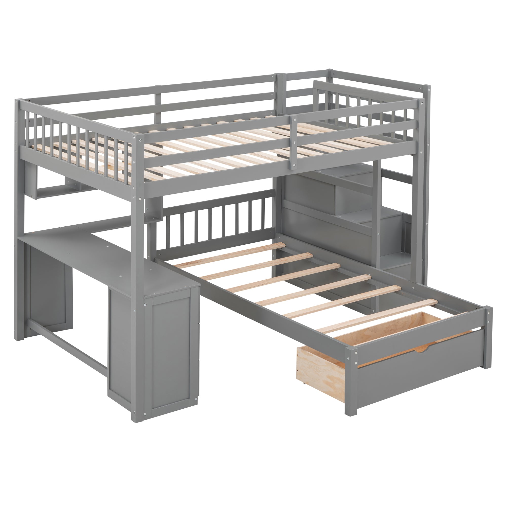 Full-over-twin bunk bed staircase and ladder profile view