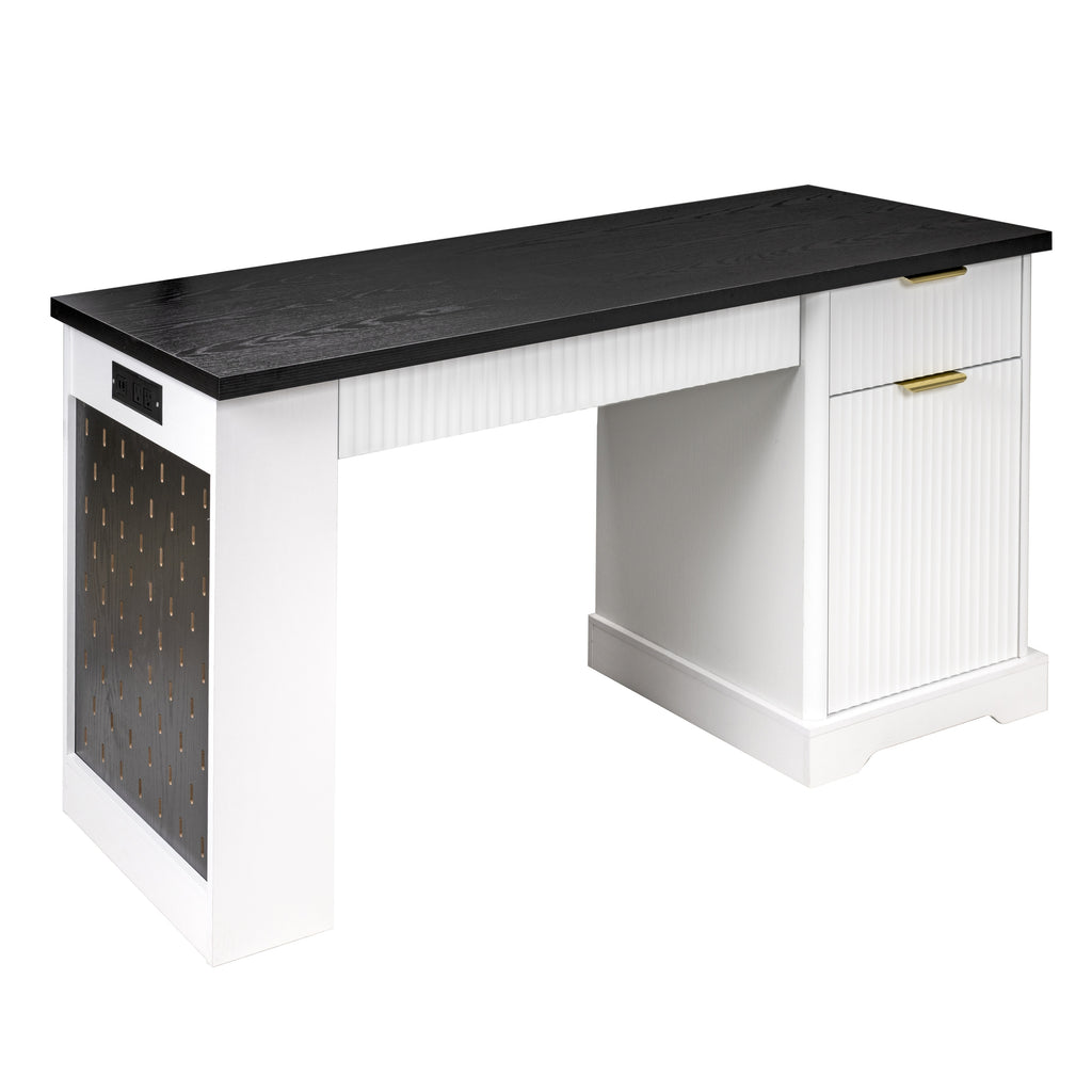 White fluted desk side profile with pegboard storage