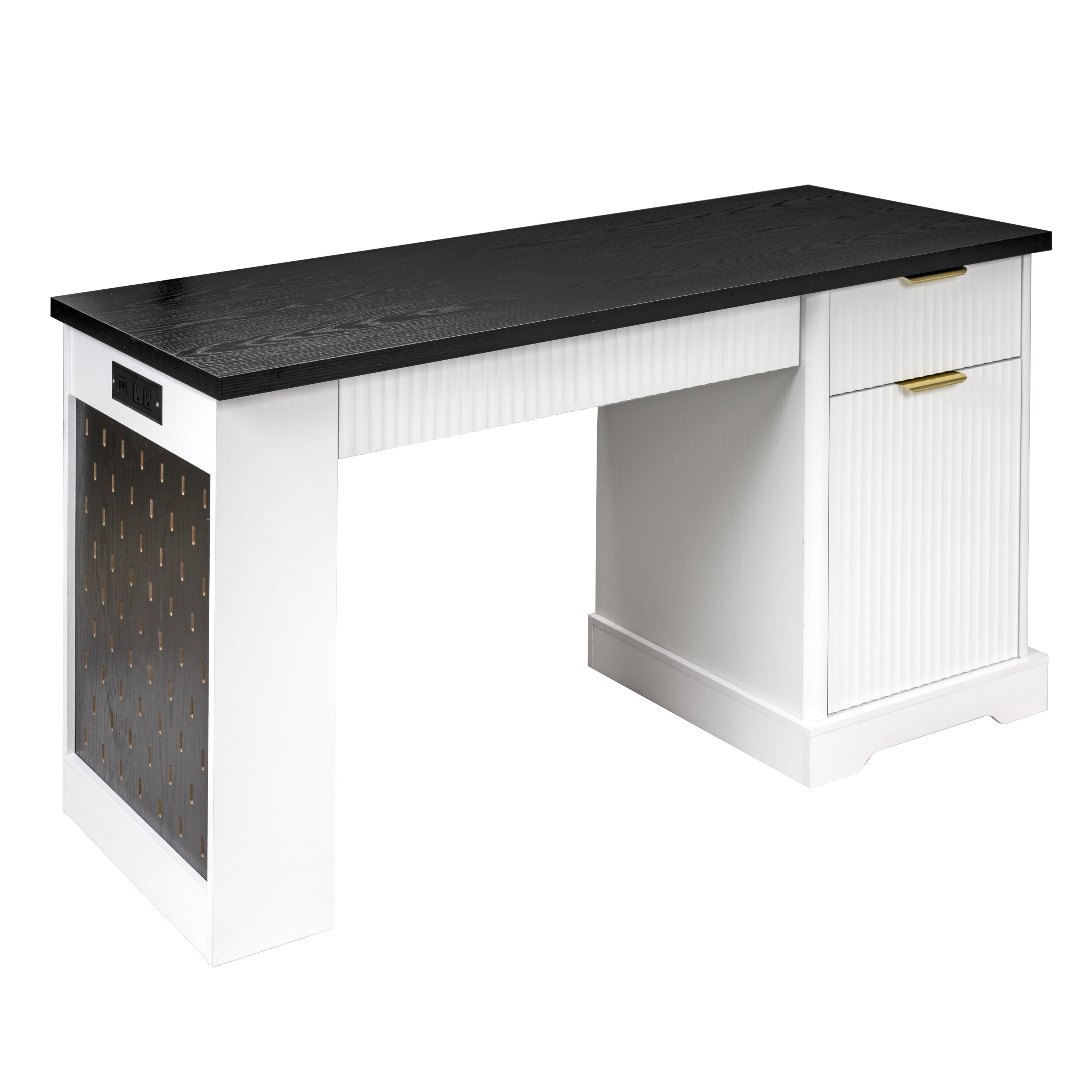 White fluted desk side profile with pegboard storage