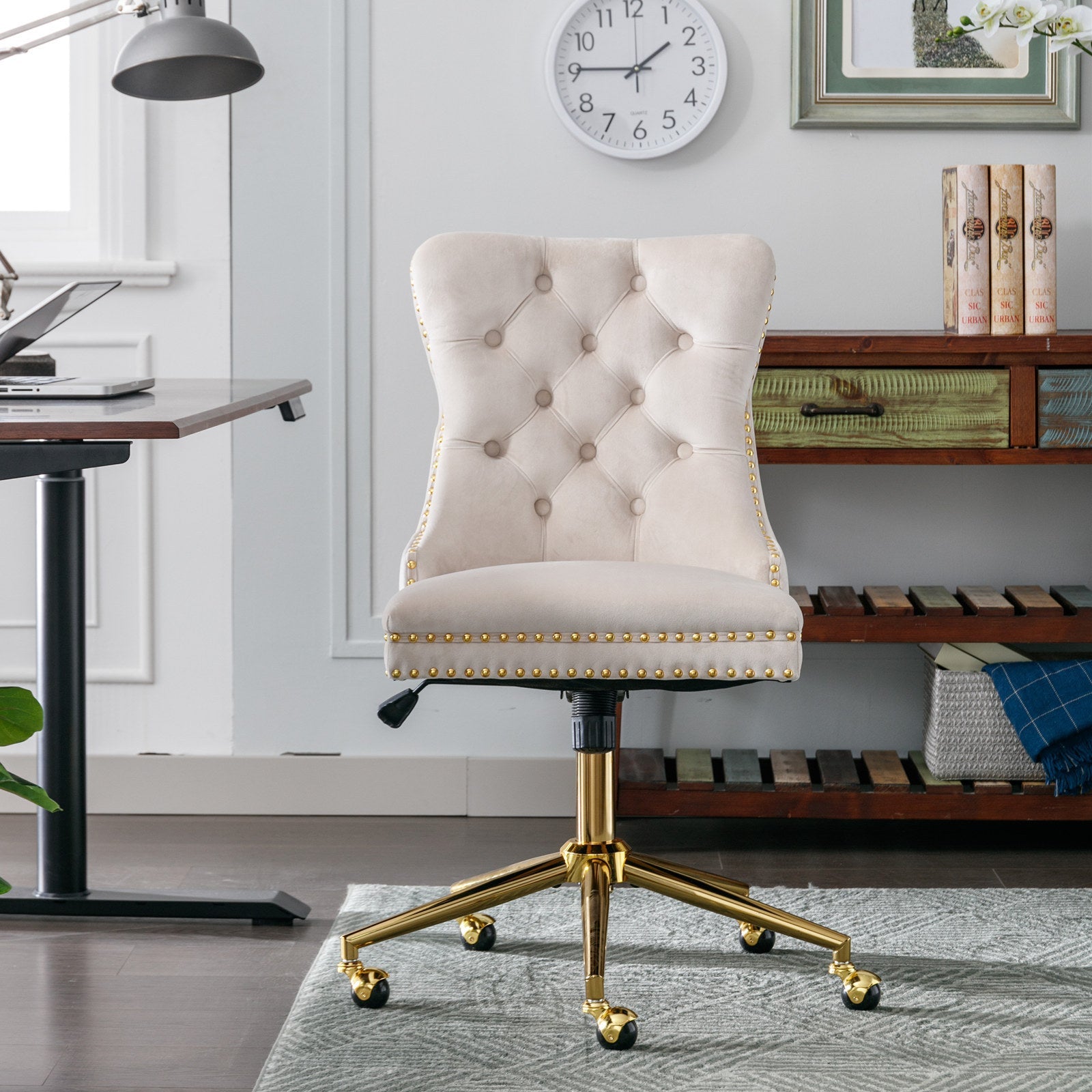 Velvet Office Chair — Button-Tufted with Gold Metal Base & Wheels