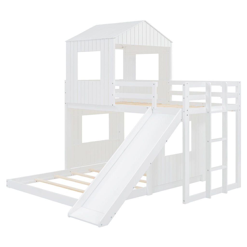 Built-in slide on white playhouse bunk bed