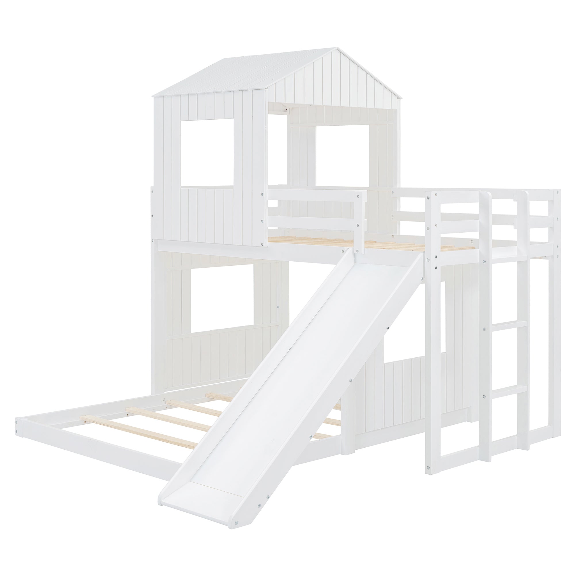 Built-in slide on white playhouse bunk bed