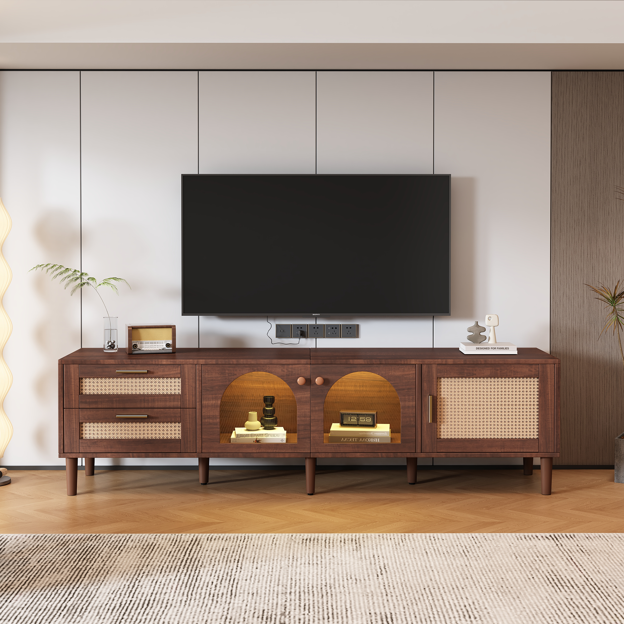 Rattan-inspired entertainment center with solid wood legs