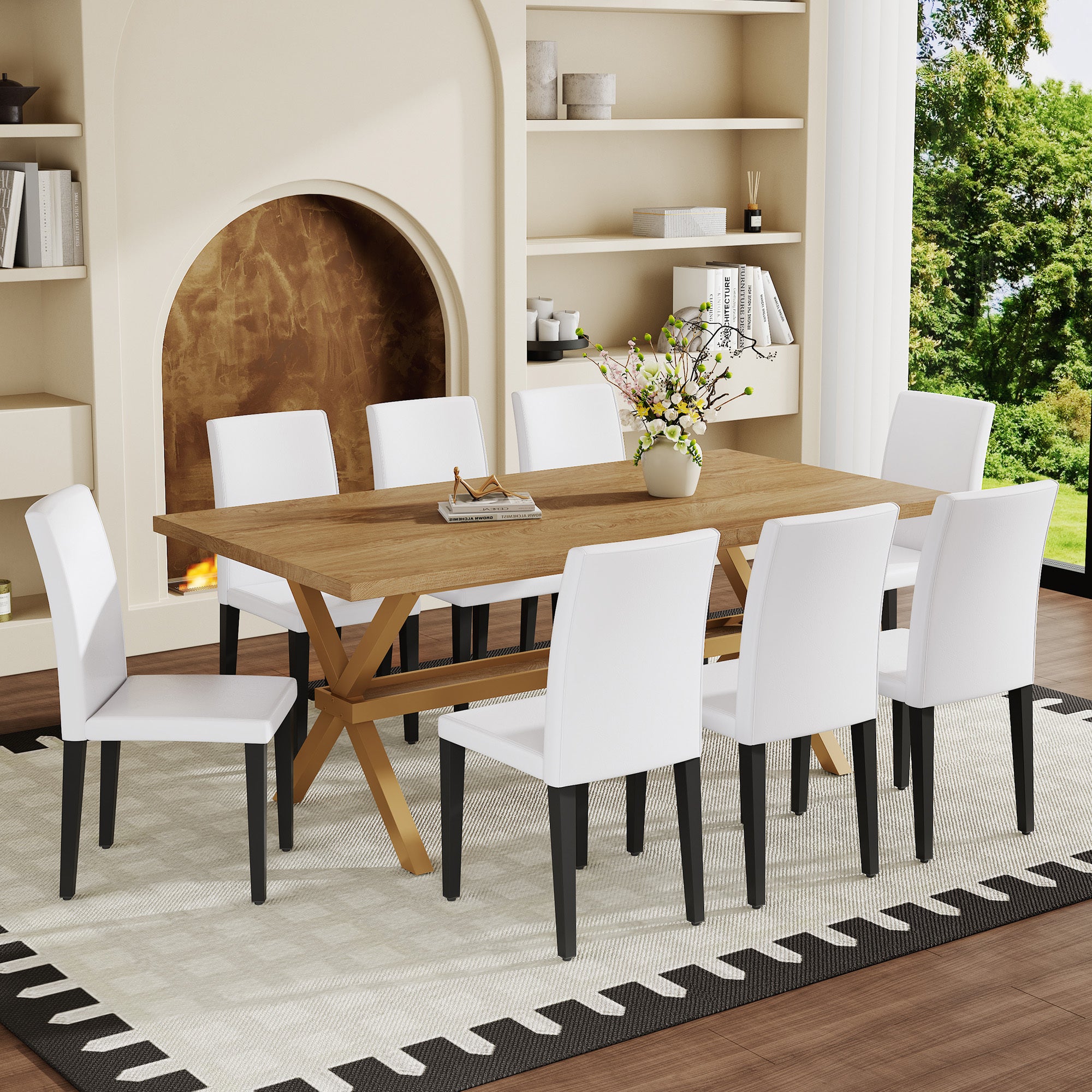 Table and chair set. 71 * 35.4 inch Wood grain MDF splicing desktop with X-shaped metal frame dining table.Includes 8 white PU dining chairs With Black Metal Legs.Making it an ideal choice for home.