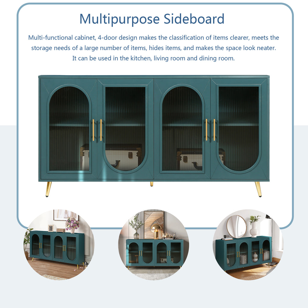 Navy blue media TV stand storage cabinet interior shelving detail