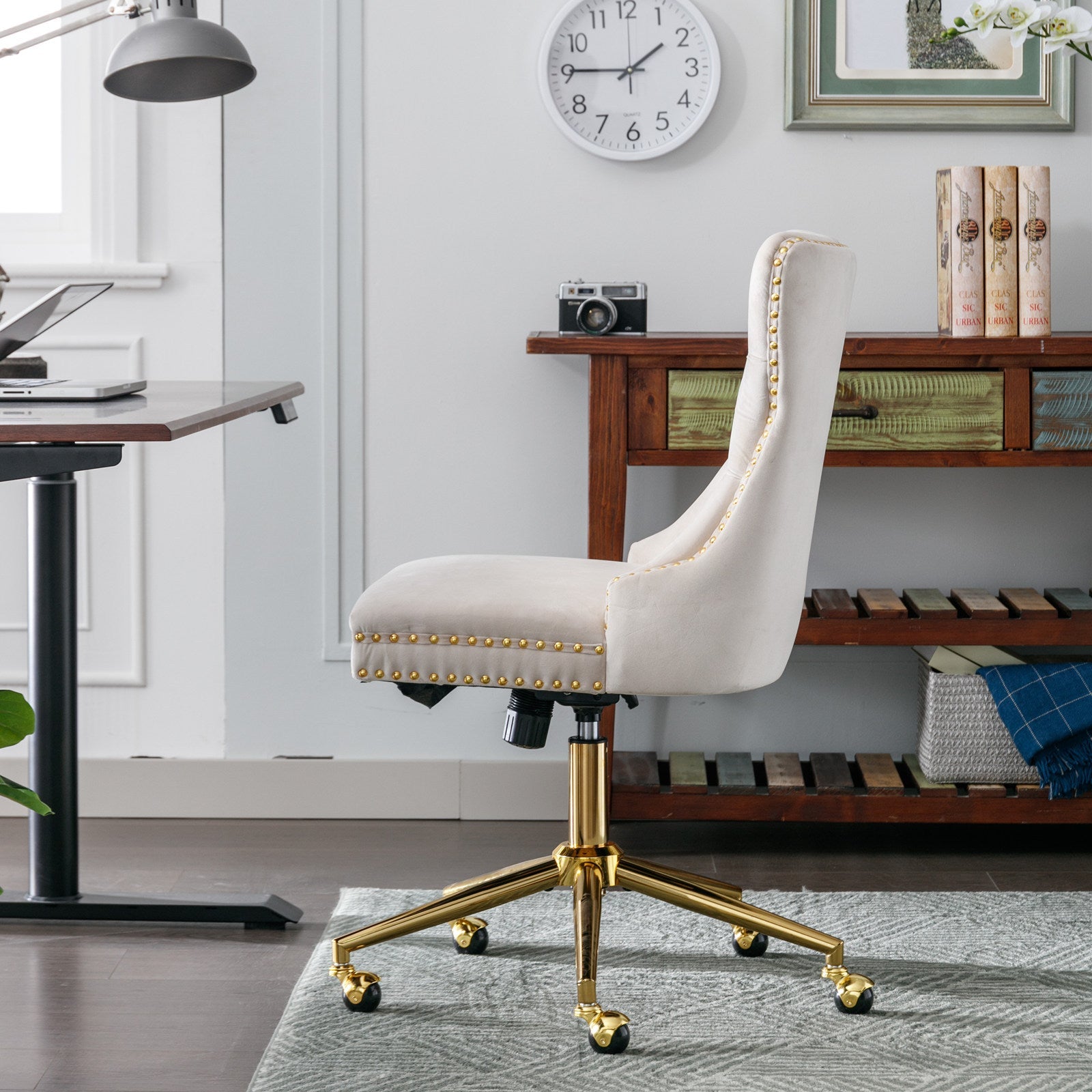 Velvet Office Chair — Button-Tufted with Gold Metal Base & Wheels