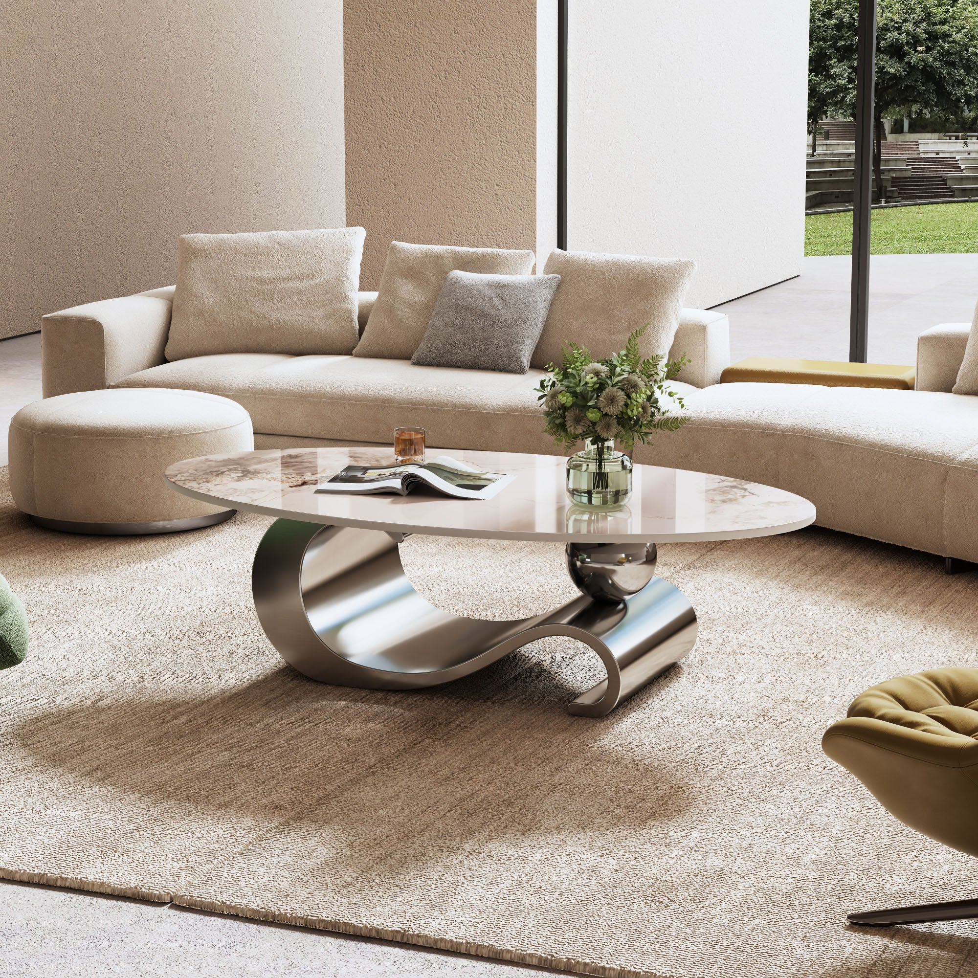 Oval coffee table sculptural stainless steel sled base detail