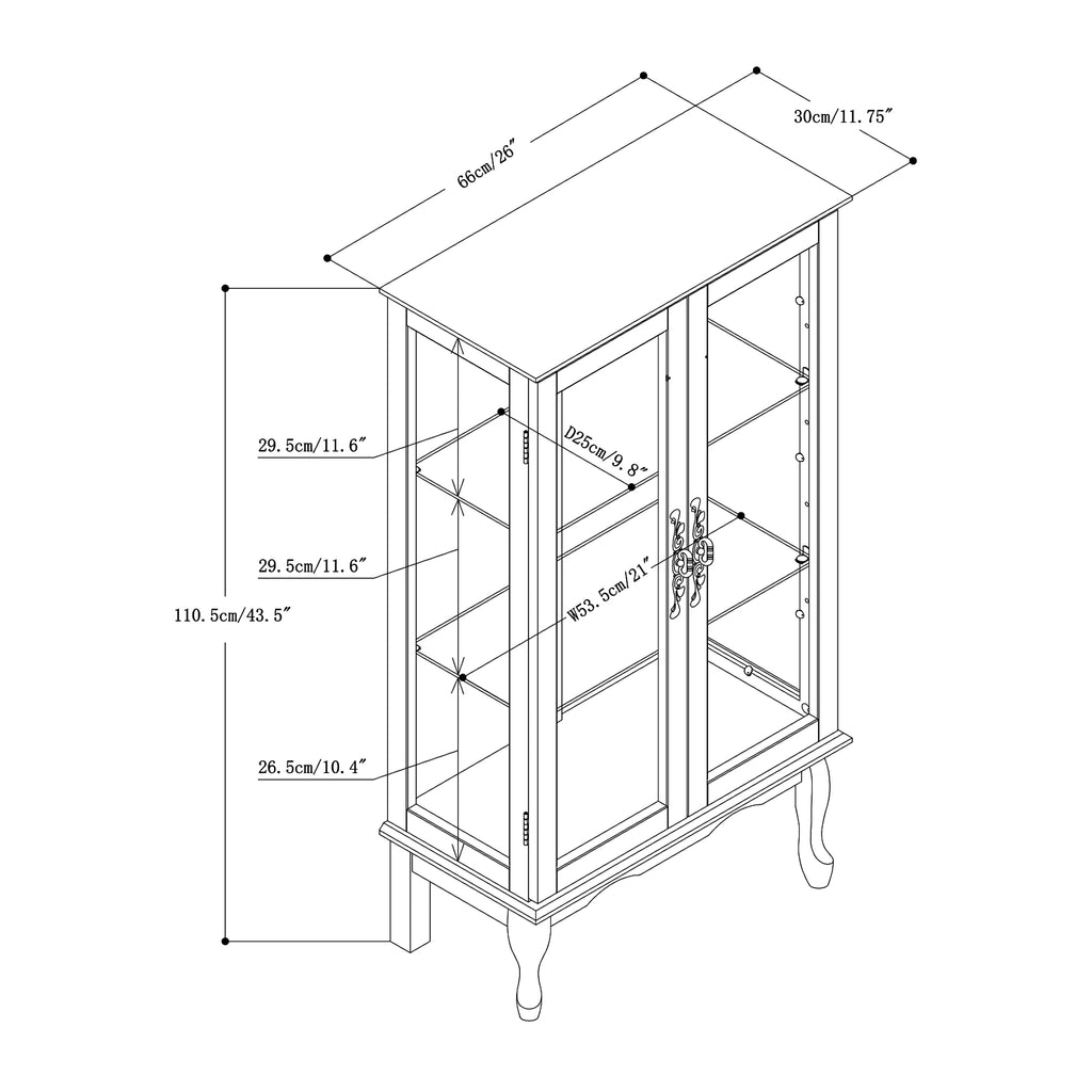 Oak curio cabinet tempered glass doors full height view
