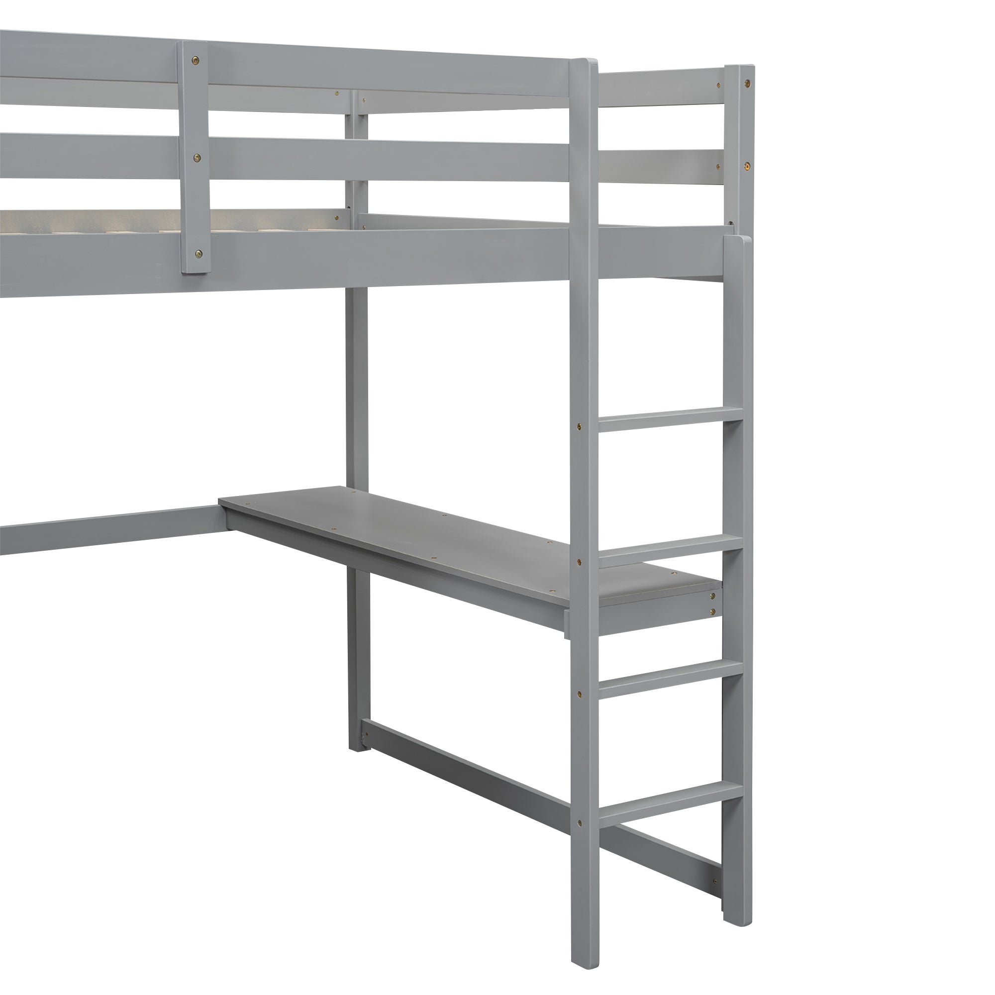 Gray loft bed frame and guardrail detail