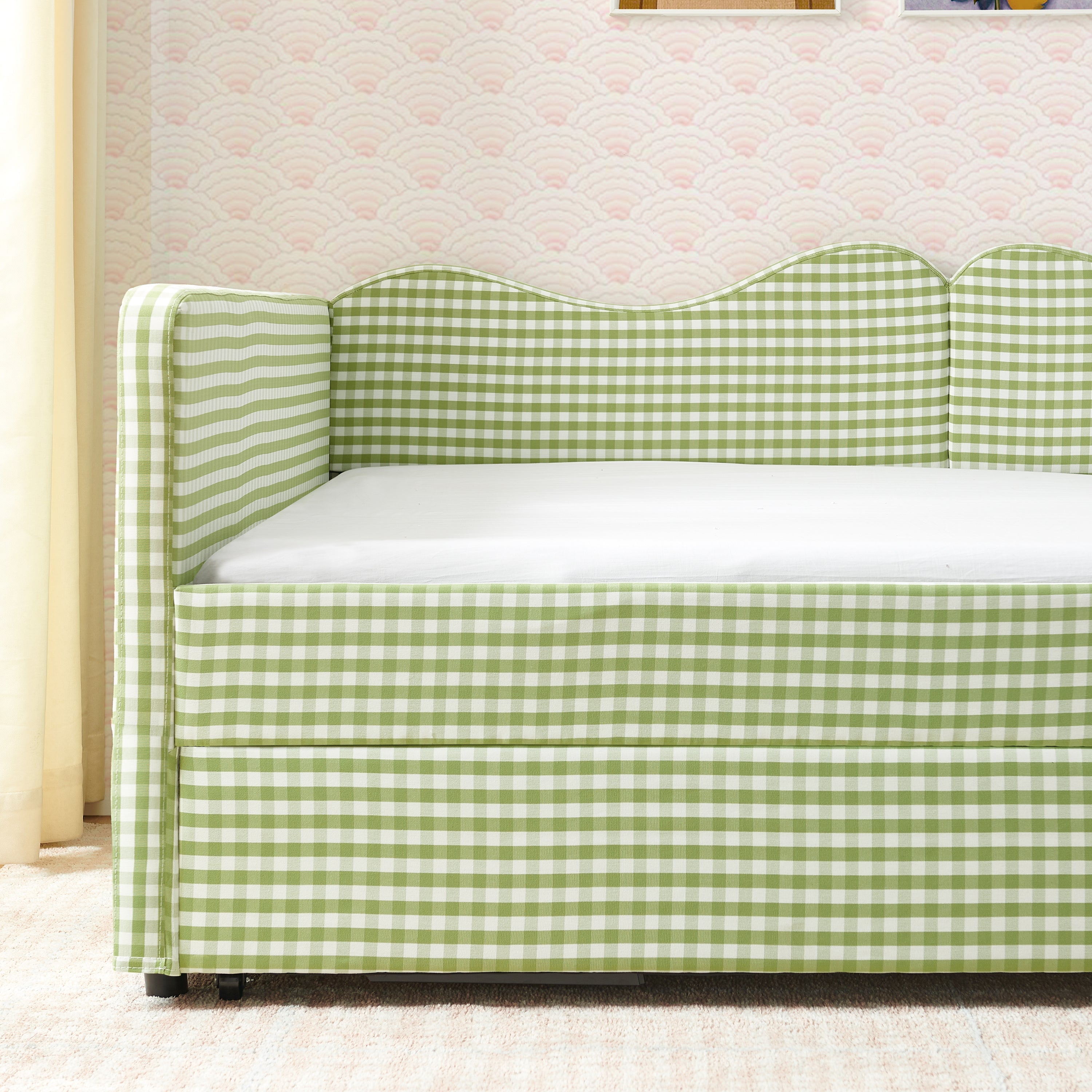 Full‑Size Daybed,Gingham Upholstered Daybed Equipped with Pull-Out Trundle Bed Frame & Side Storage Pocket, Solid Wood Frame Multi-Functional Sofa Bed for Kids Room & Guest Bedroom-PINK