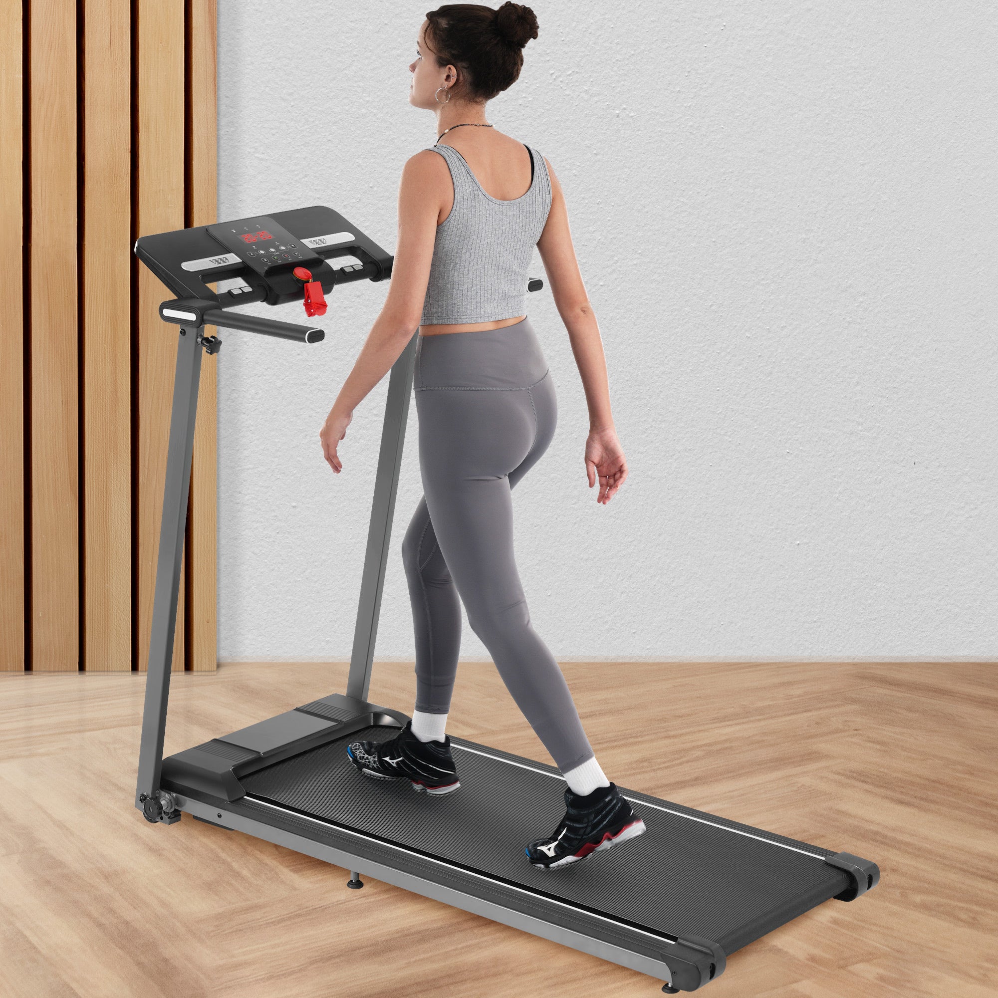 Under desk walking pad treadmill for home office — angle view