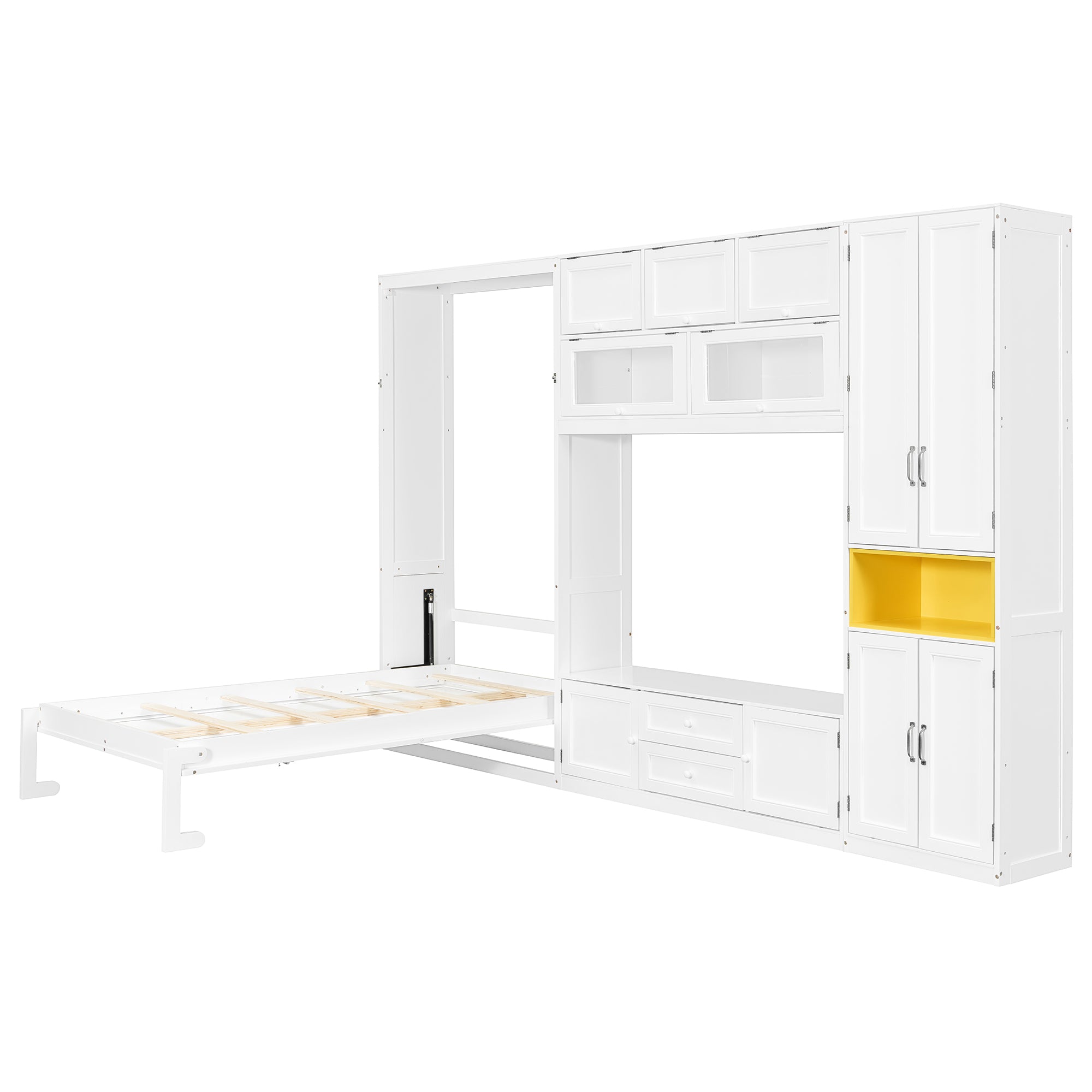 Open shelves and cabinets on Murphy bed wall unit
