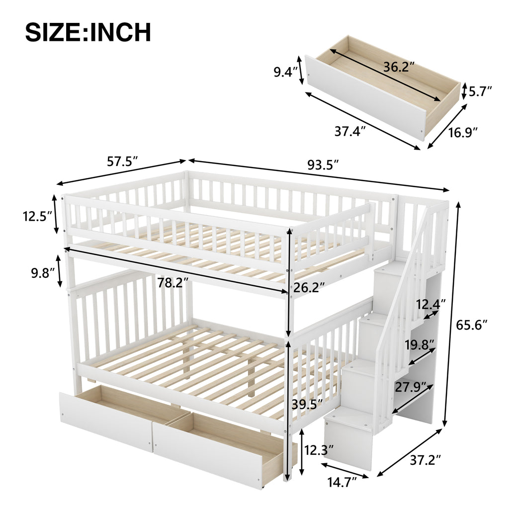 White bunk bed with high upper guardrails and inclined ladder handrails