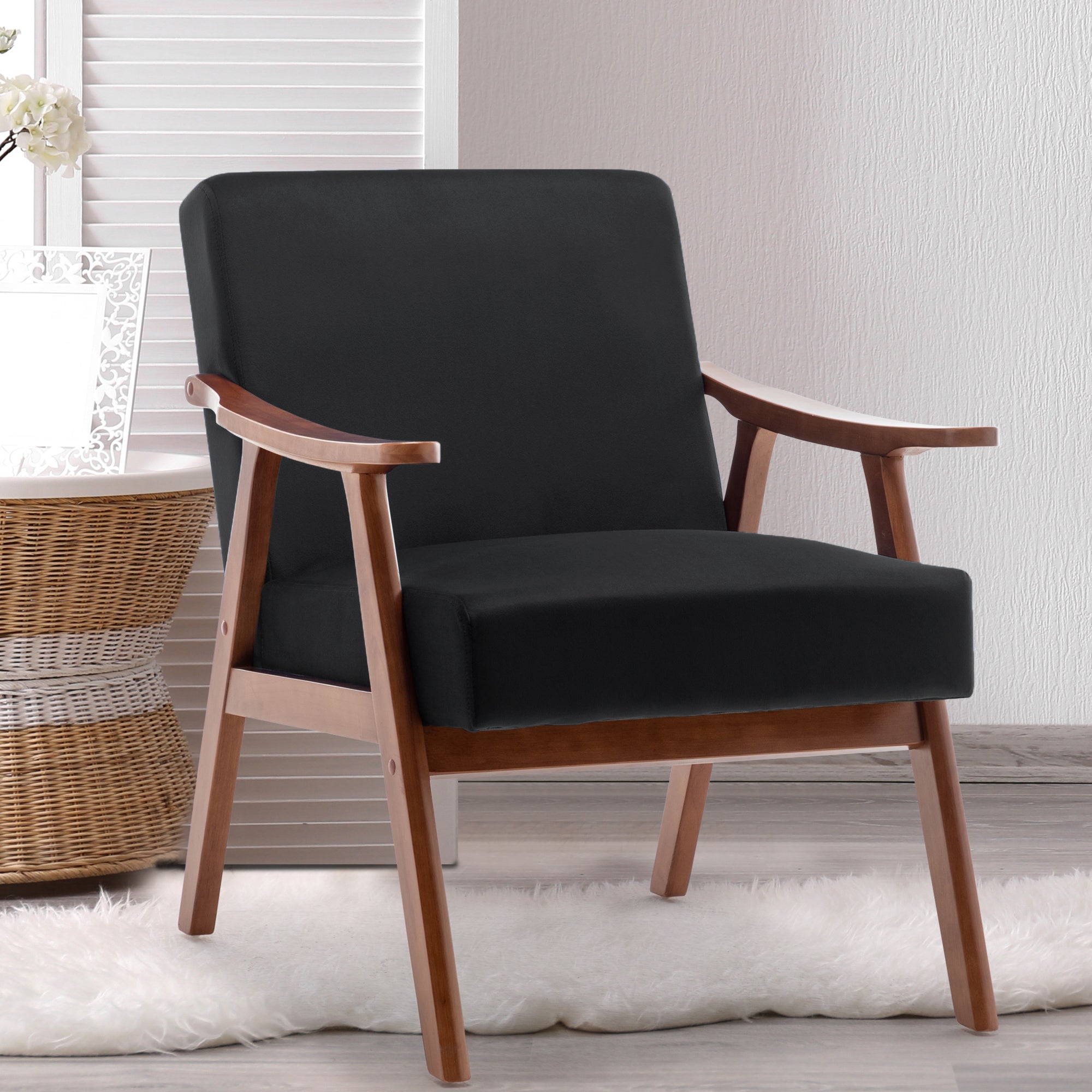 Velvet Mid-Century Wingback Accent Chair — Wood Frame & Thick Backrest
