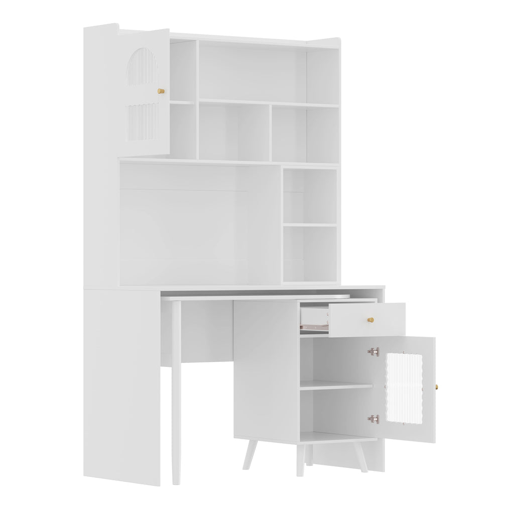 Home office desk with shelves books and supplies layout