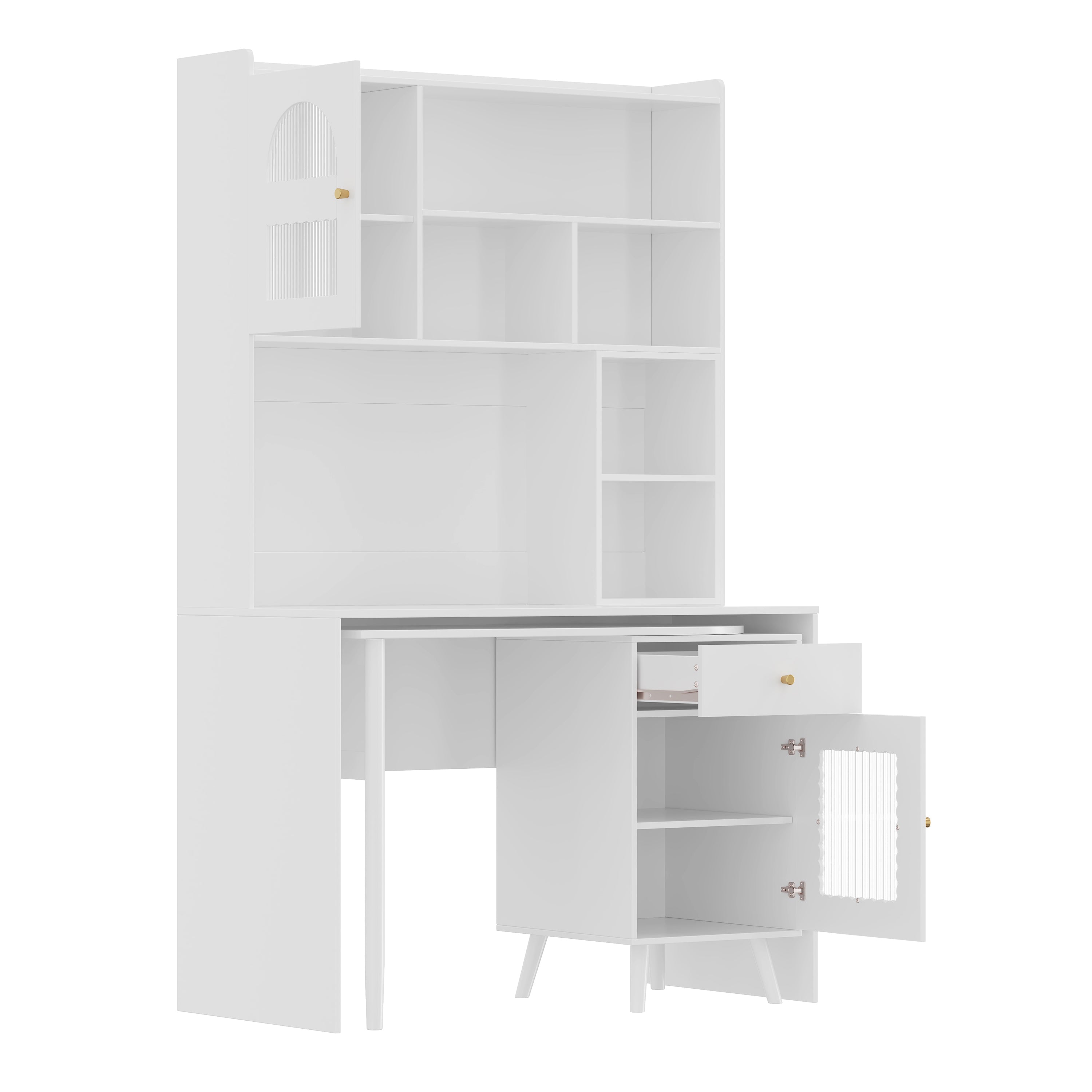 Home office desk with shelves books and supplies layout