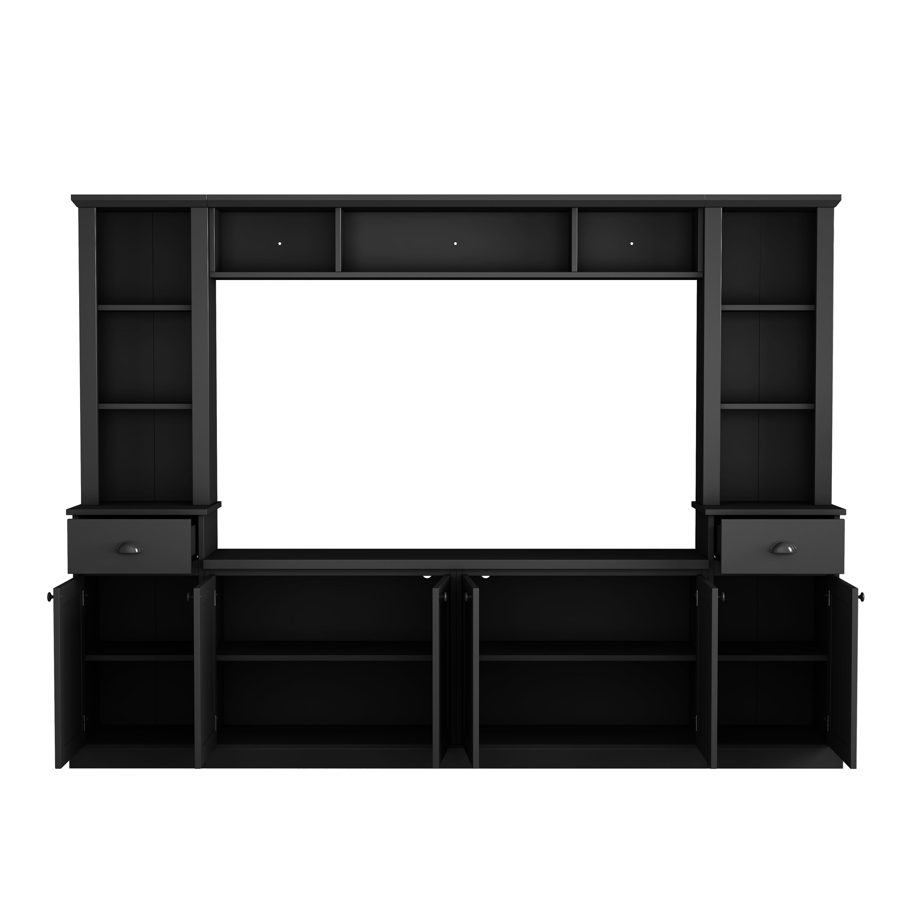 Black TV stand wall unit cable and media device storage