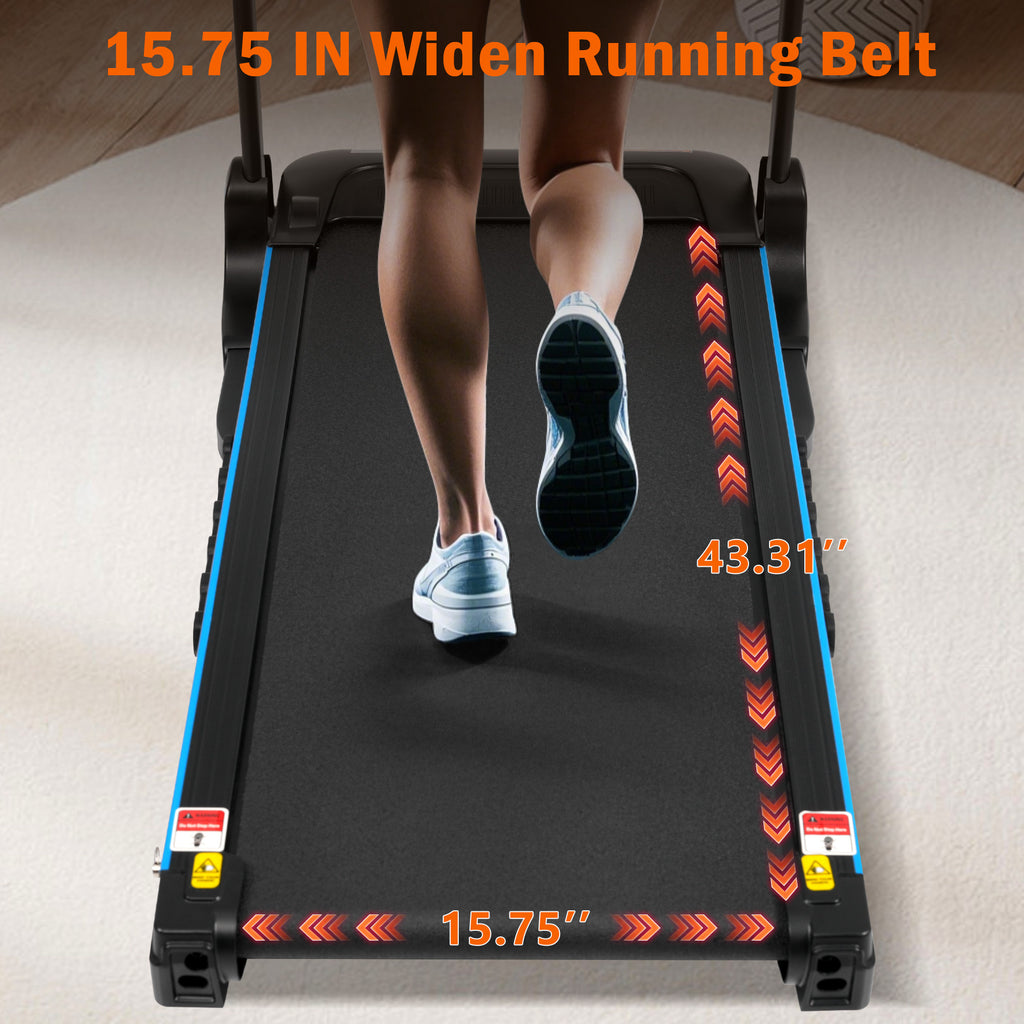 Black treadmill unfolded in home living room setting