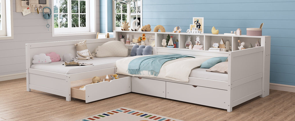 Twin Size Day Bed for 2, L- Shape Twin Size Bed Frame with Storage 3 Drawers, Wooden Corner Bed with Bookshelf, Corner Bed Frame For Bedroom, Living Room,Grey