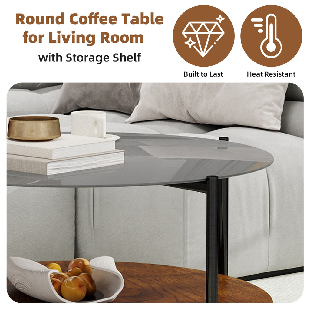 Minimalist round coffee table dual-layer glass and wood design