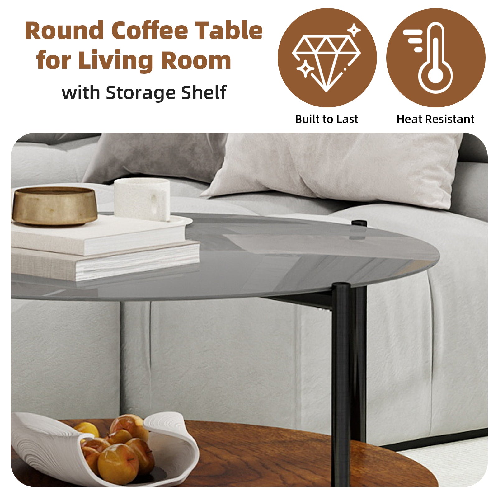Minimalist round coffee table dual-layer glass and wood design