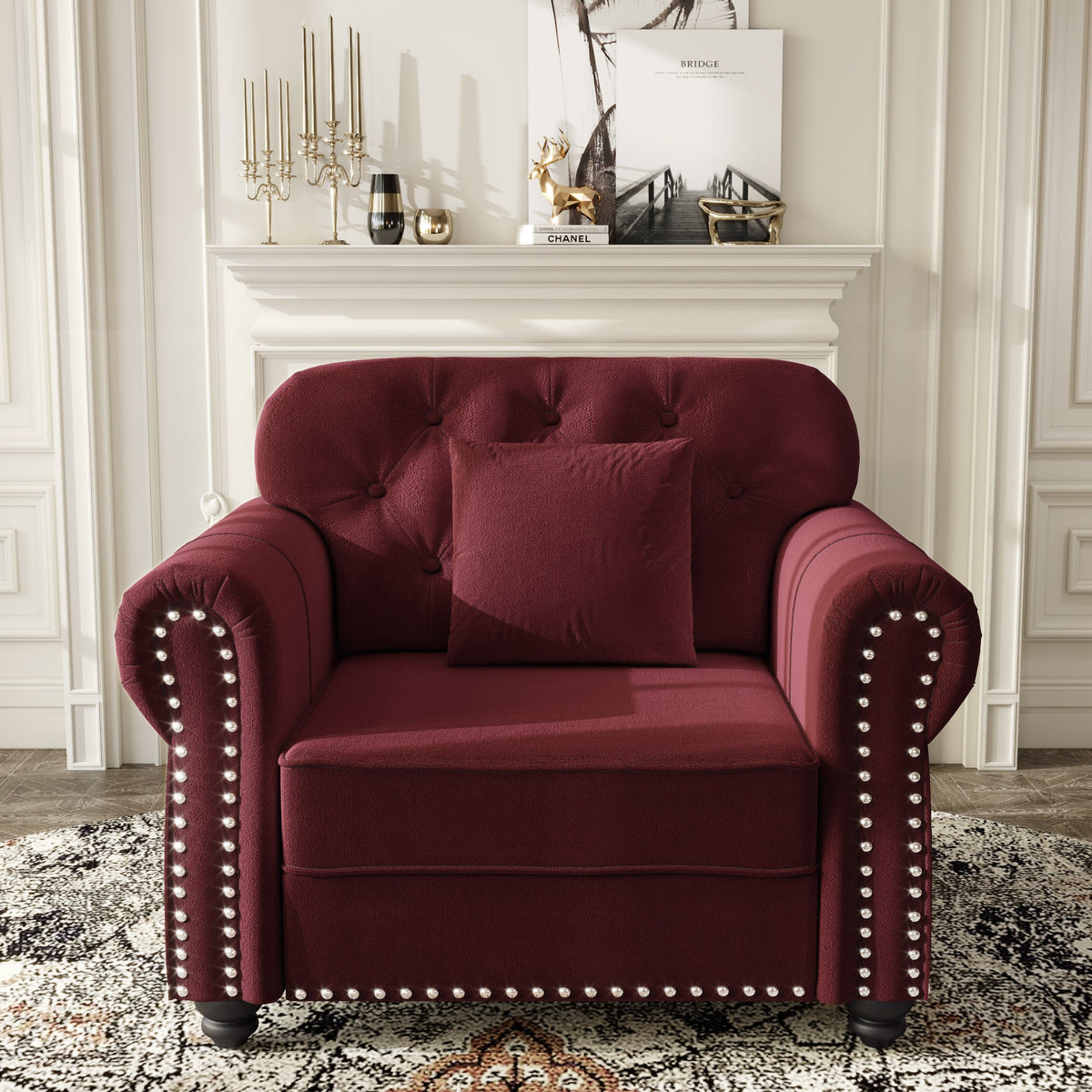 41.3'Upholstered Velvet Sofa with Nailhead Trim and Rolled Armrests,Mid-Century Modern Chesterfield Sofa with Button Tufted,Includes 1 Pillows,Brown