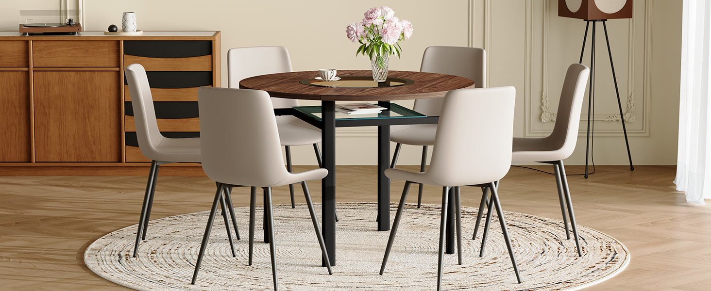 Table and chair set.42 inch modern minimalist brown wood grain round dining table set.Paired with 6 Black Artificial PU Chairs With Curved Widened Cushion Design. Suitable for dining rooms,office,etc.
