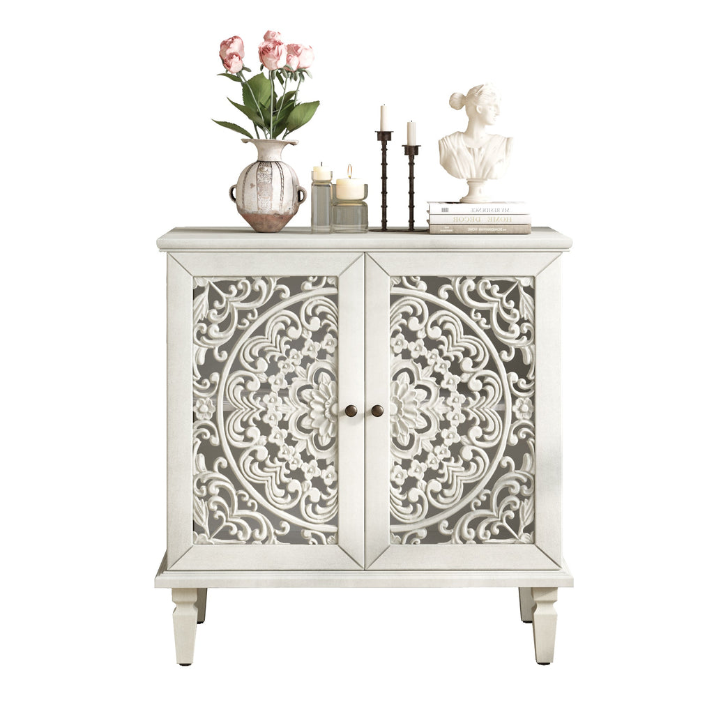 Vintage Hollow-Carved Accent Cabinet, 2-Door Display Storage Sideboard with Symmetrical Floral Design, Adjustable Shelf and Solid Wood Legs for Living Room Entryway(Antique Green)