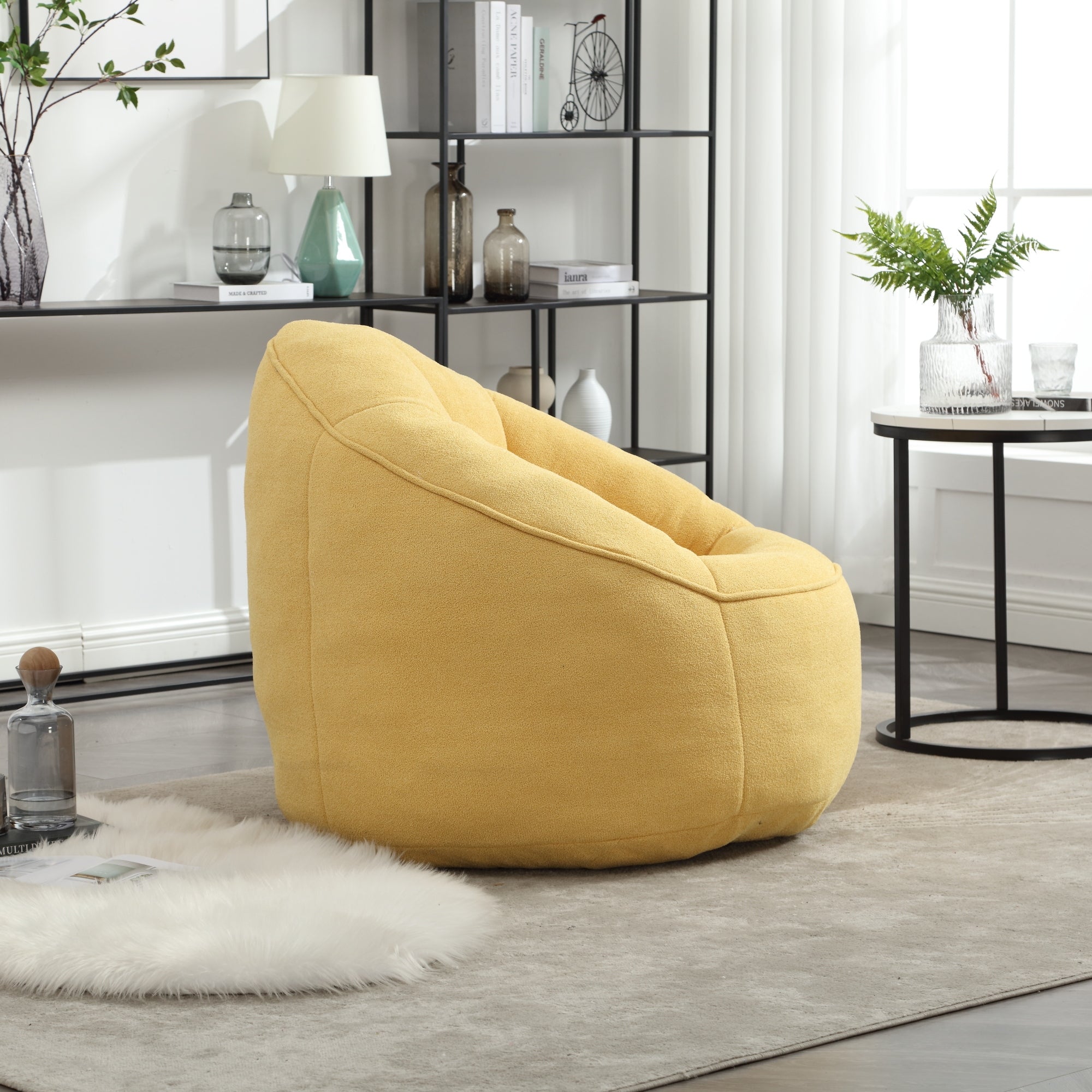Yellow bean bag lounge chair — close-up