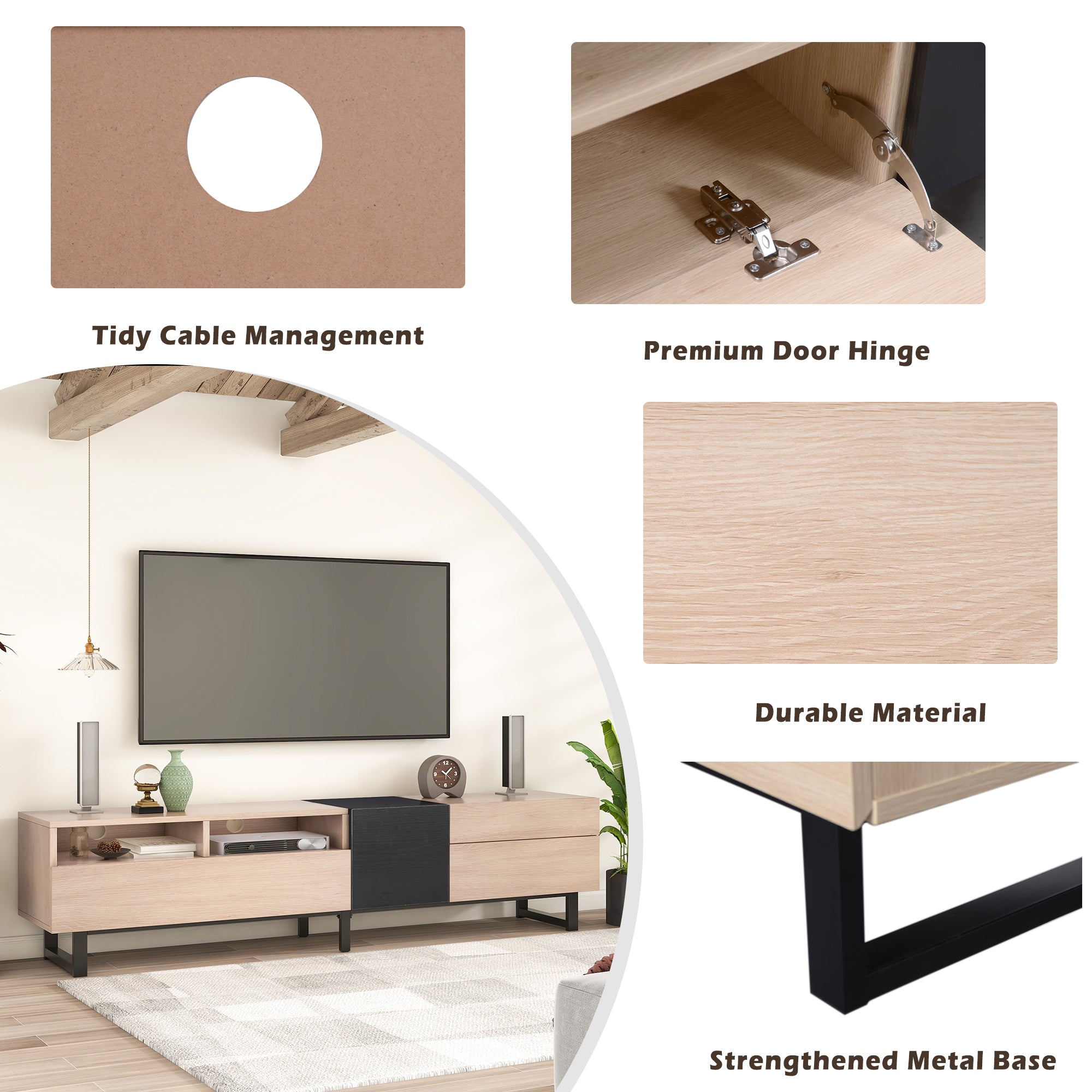 Modern TV stand with concealed storage drawers