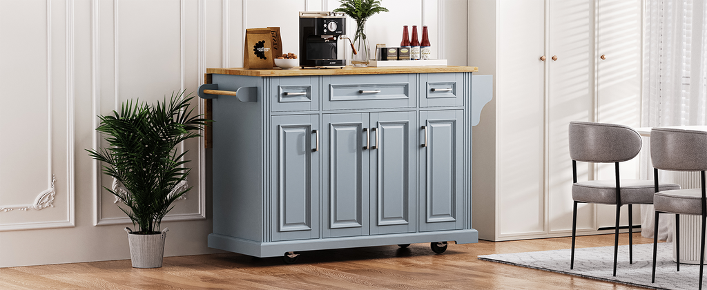 K&K 54inch Large Kitchen Island with Rubber Wood Drop Leaf, Embossed Texture Rolling Kitchen Cart on 4 Wheels with 4 Doors and 3 Drawers, Kitchen Island with Storage for Kitchen, Dining Room,Black