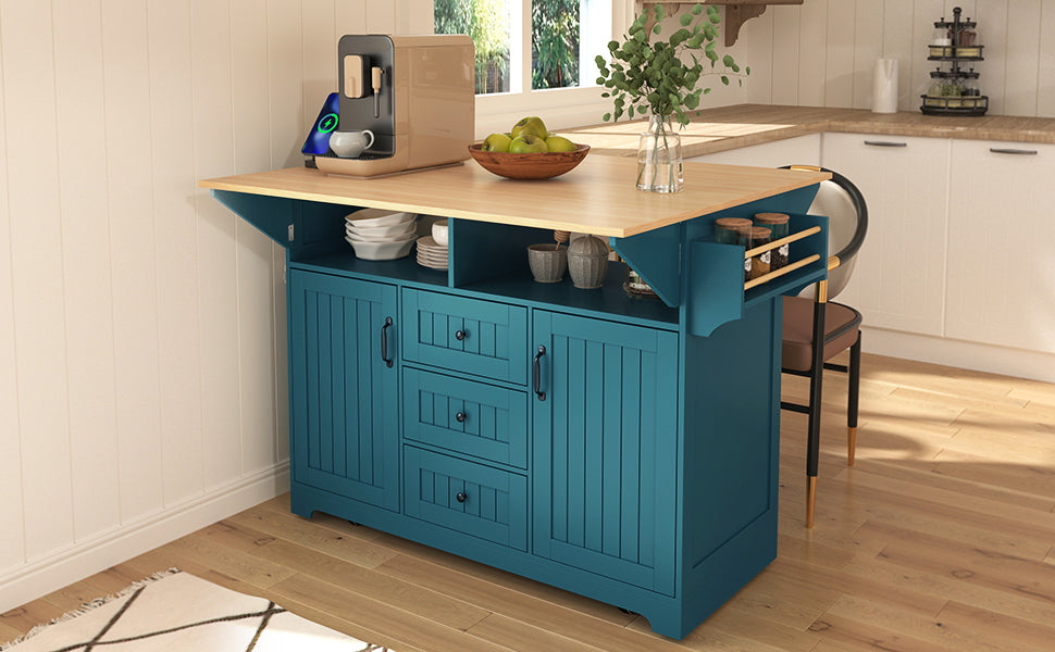 K&K 55.7'' Large Kitchen Island with 2 Drop Leaf,, Rolling Kitchen Cart on 5 Wheels with Power Outlet, Folding Storage Dining Table with Spice & Towel Rack , 3 Drawers, for Kitchen, Dining Room,Black