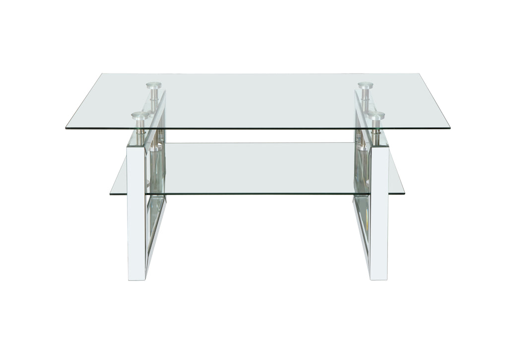 Two-tier open storage coffee table shelf interior
