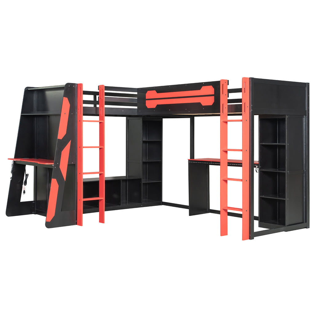 Red L-shaped bed frame side profile view