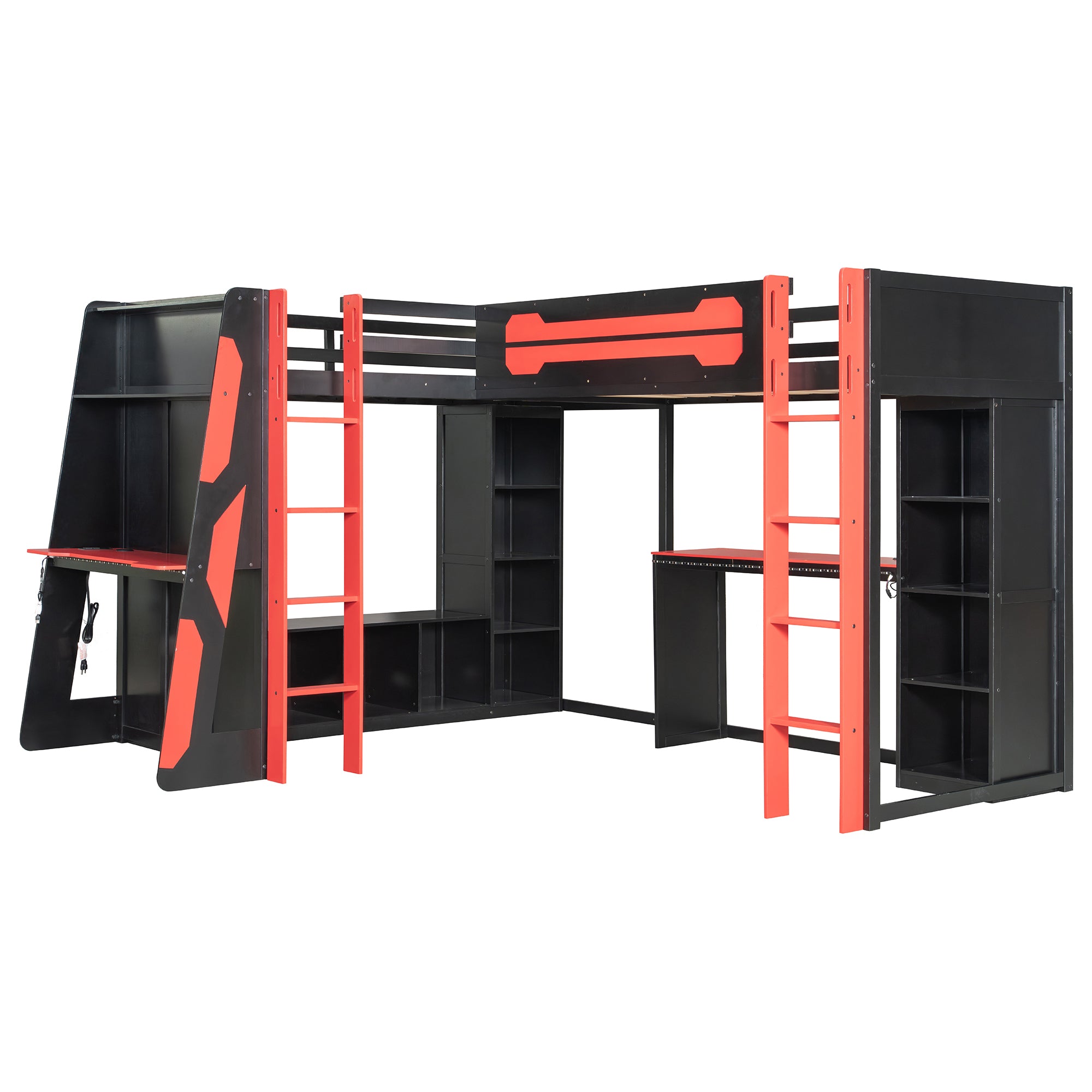Red L-shaped bed frame side profile view
