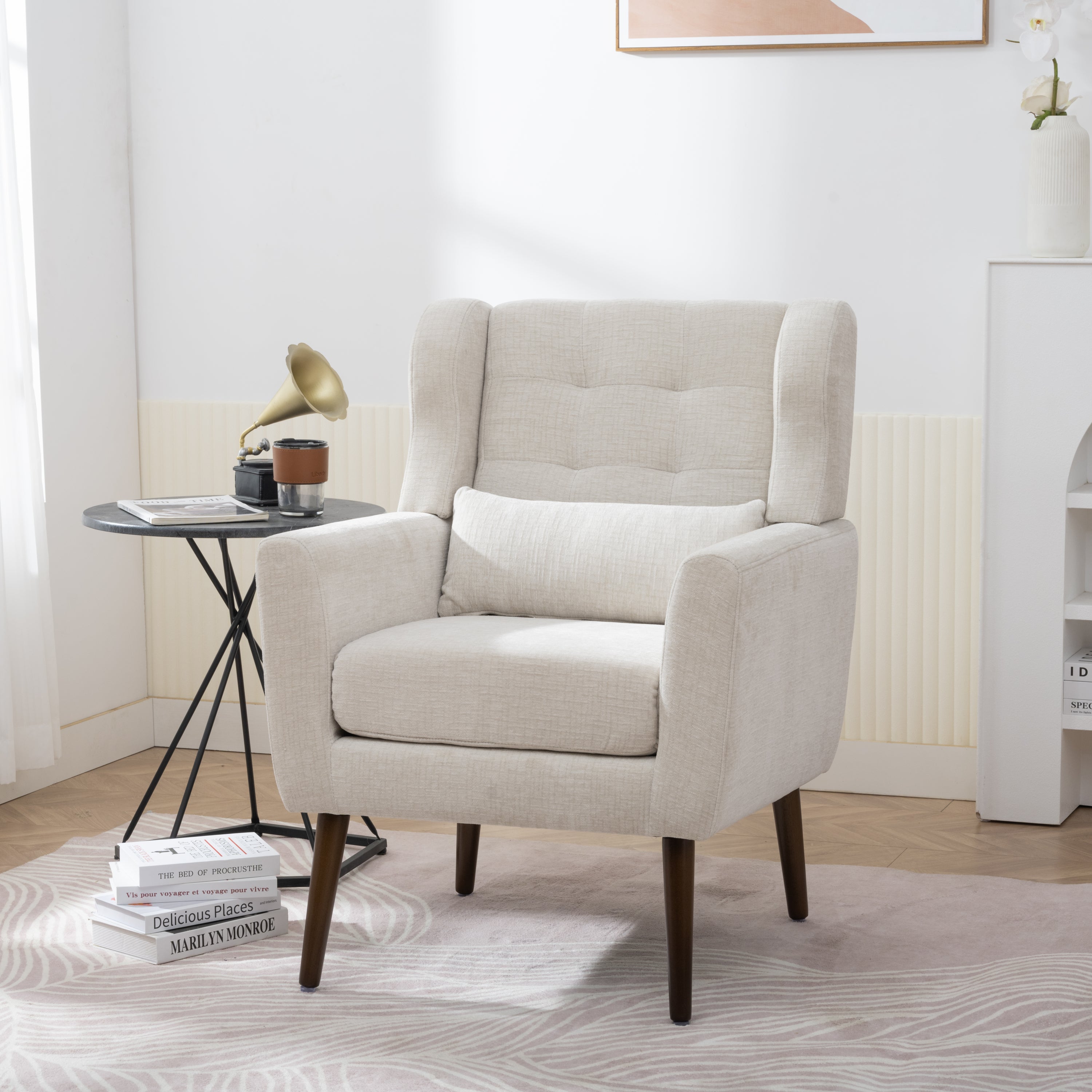 Beige chenille accent chair with lumbar pillow — front view