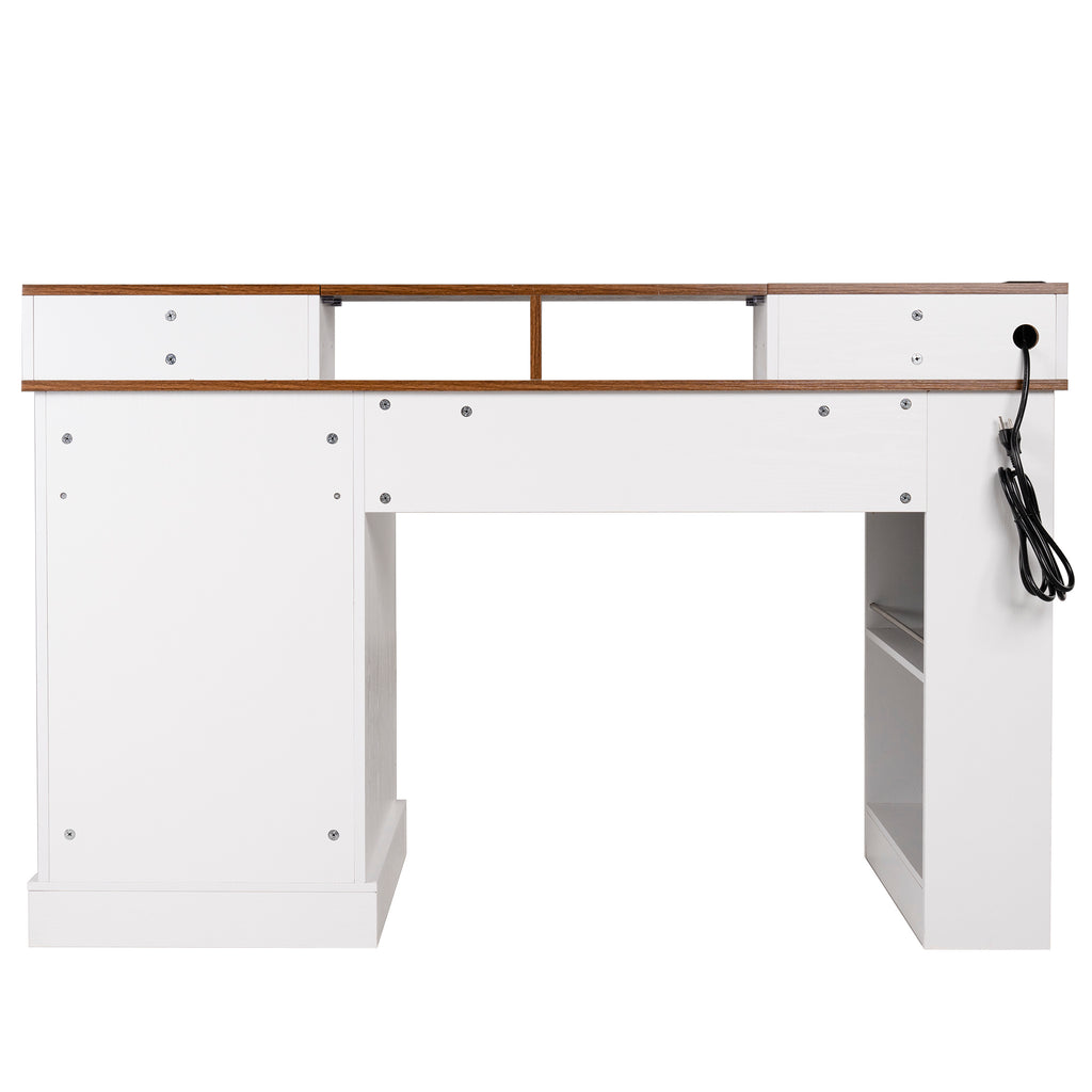 White farmhouse office desk with barn door charging station pegboard and storage — product photo