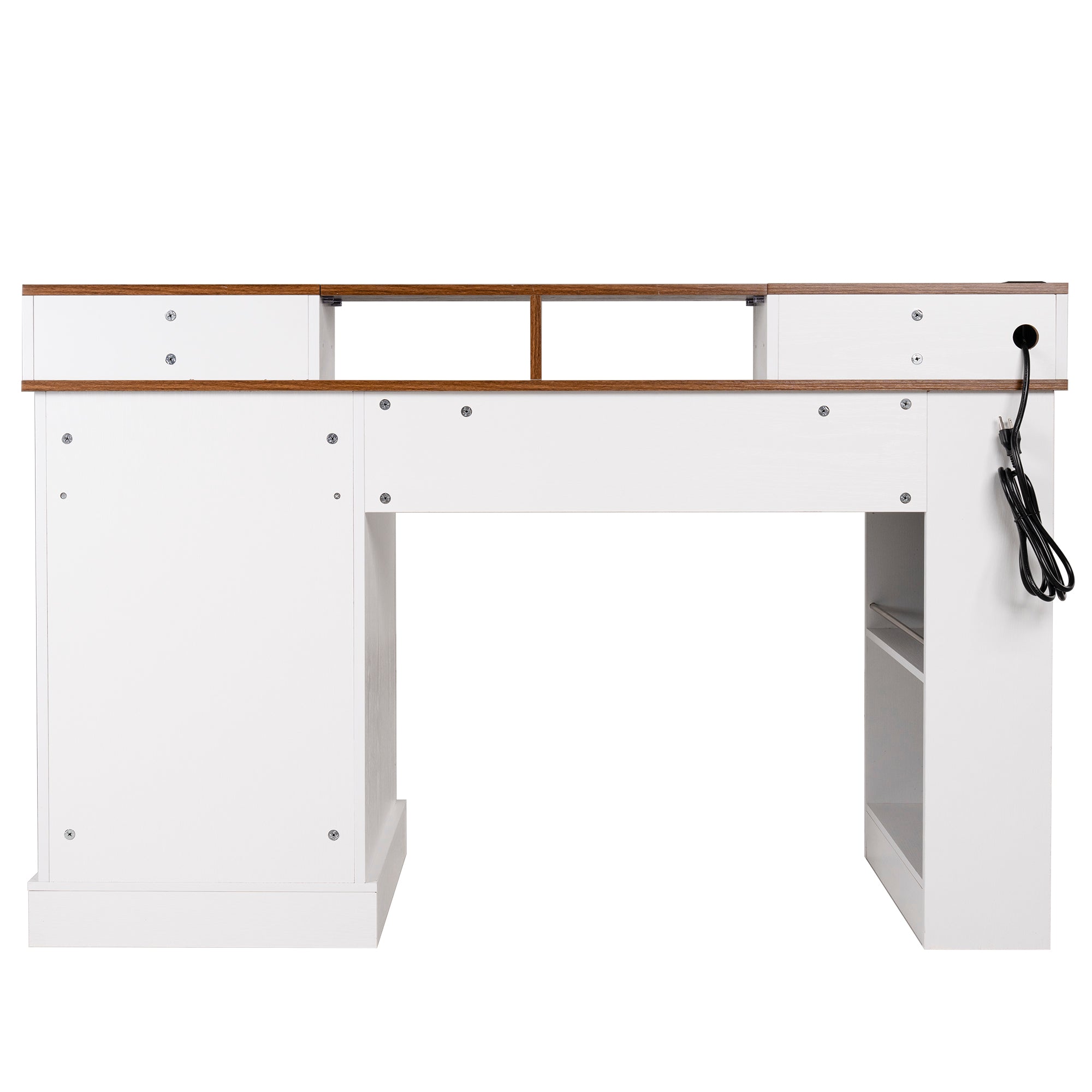 White farmhouse office desk with barn door charging station pegboard and storage — product photo