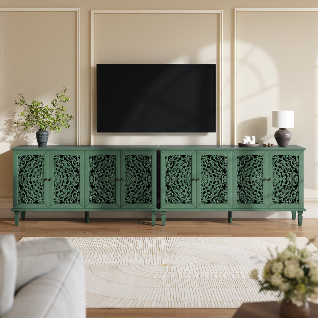 60' Antique Buffet Cabinet with Floral Carvings with Solid Wood Legs&Antique Brass Handles&Adjustable Shelves, TV Stand for 65''+ TV, Sideboard for Living Room,Dining Room (Antique Grey White)