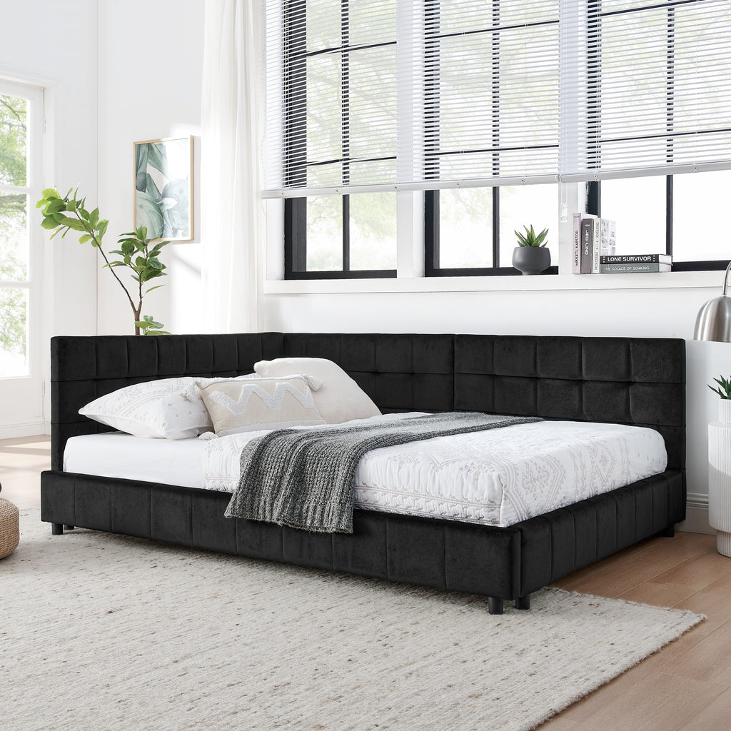 Tufted velvet upholstery close-up — black daybed