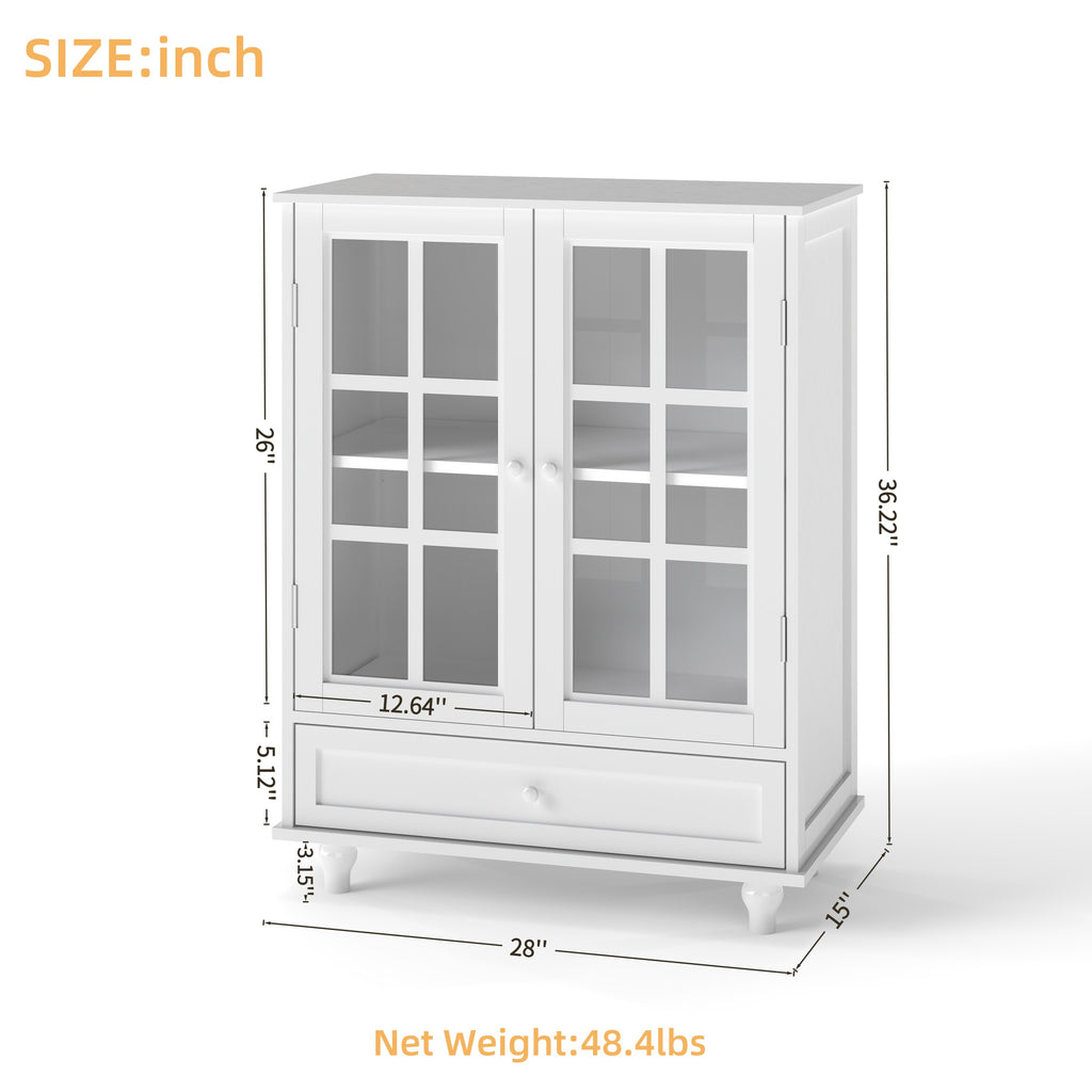 White buffet cabinet drawer and glass doors full view