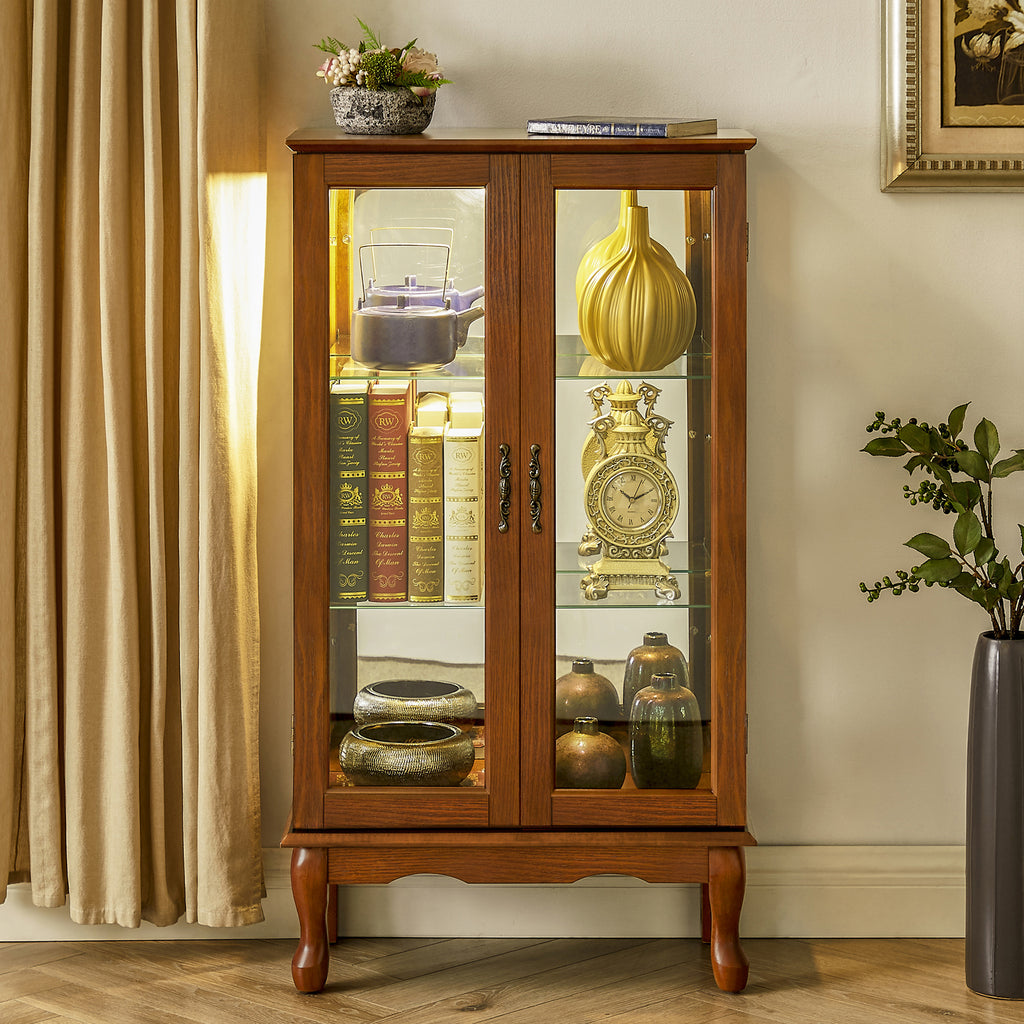 Lighted display curio cabinet with adjustable shelves — angle view