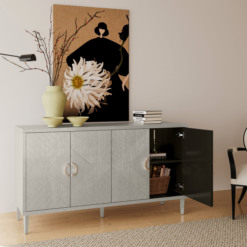 Champagne storage cabinet sculpted door panels — angle view